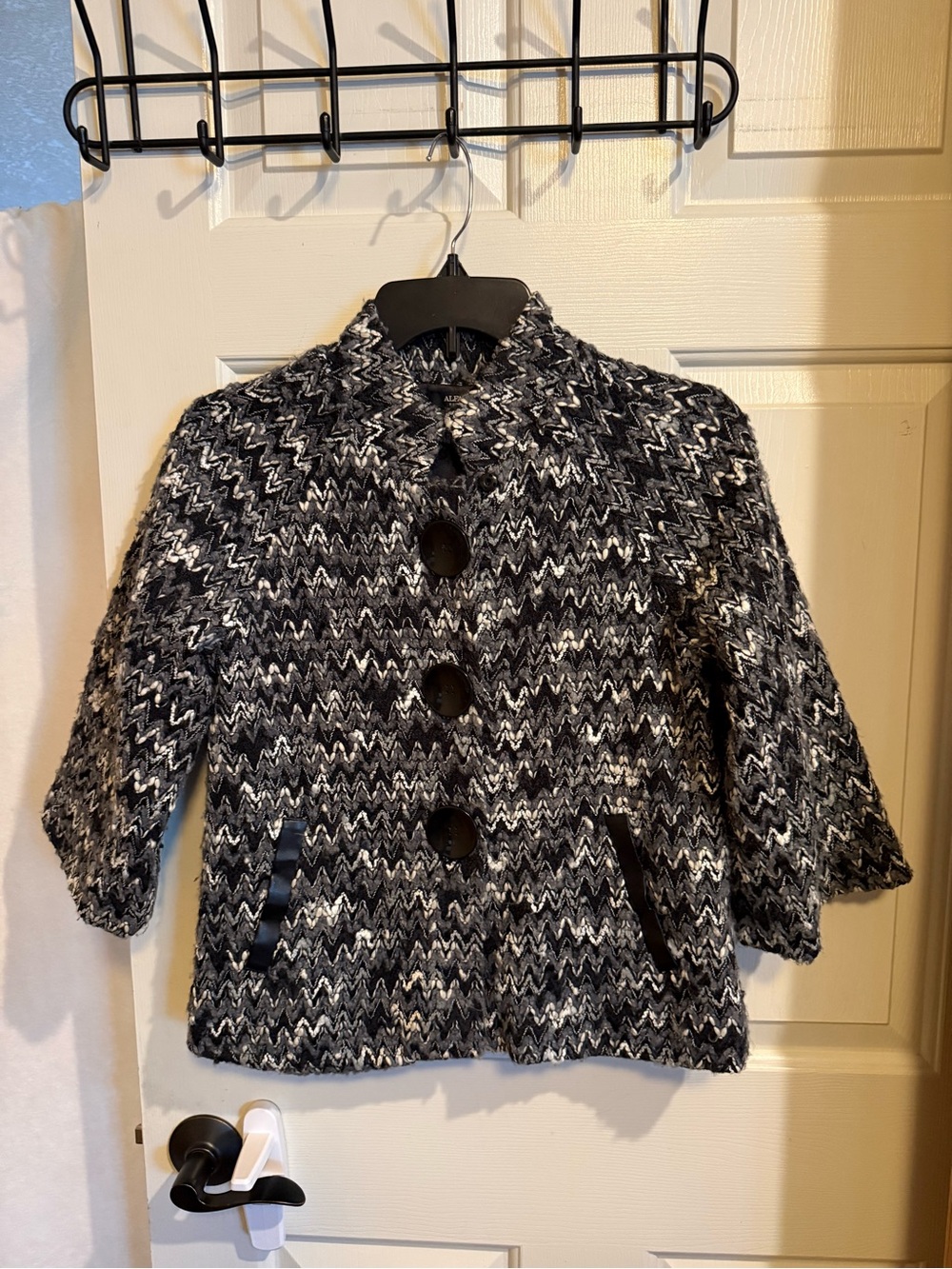 Alfani Black and White Zigzag Knit Pea Coat Petite Size Small
